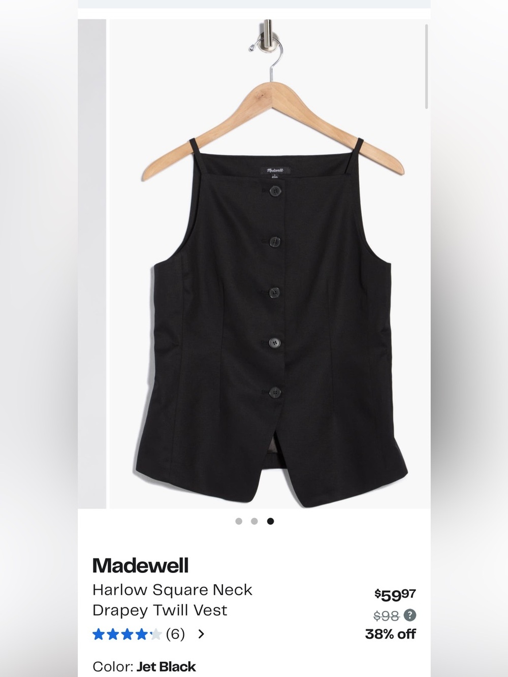 Madewell Jet Black Harlow Square Neck Drapey Twill Vest